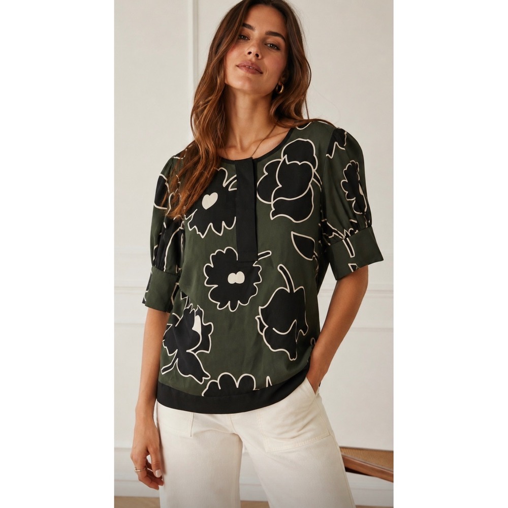 Diane von Furstenberg DVF 100% Silk Floral Blouse Olive Green Black White Size 2
